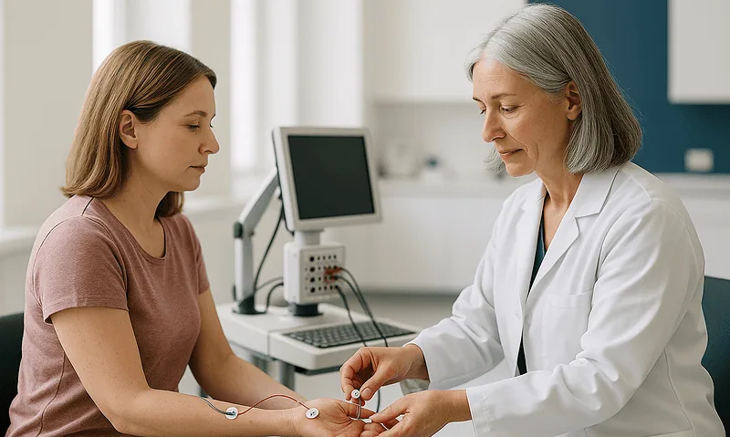 Doctor performs nerve conduction test on patient in medical clinic.