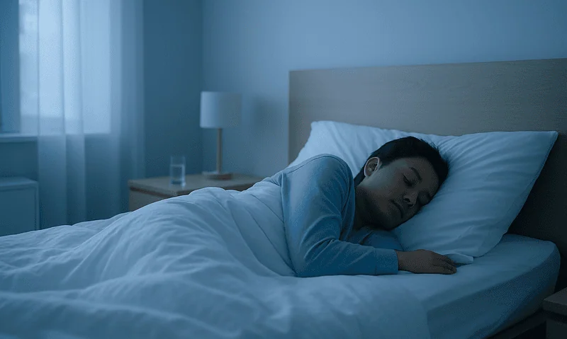 Person sleeping peacefully in a bedroom with blue lighting.