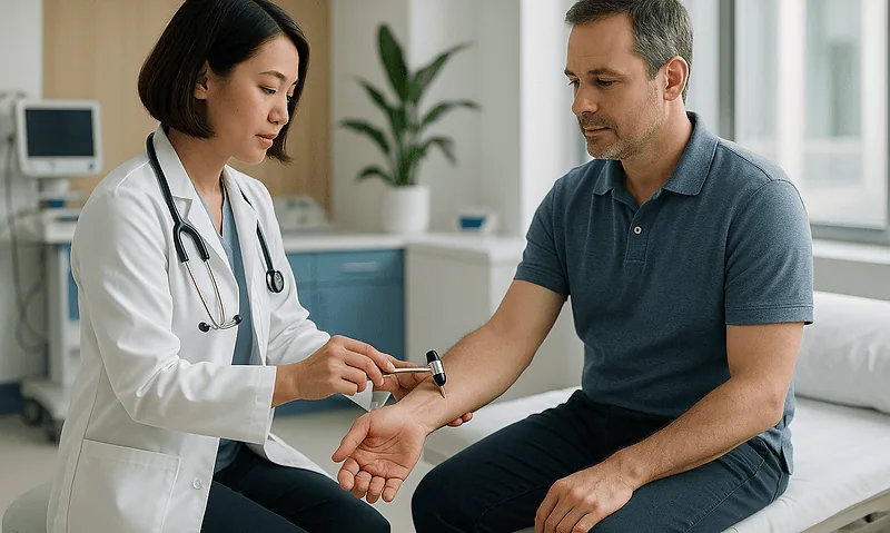 Doctor examining patient's wrist in a medical consultation room.