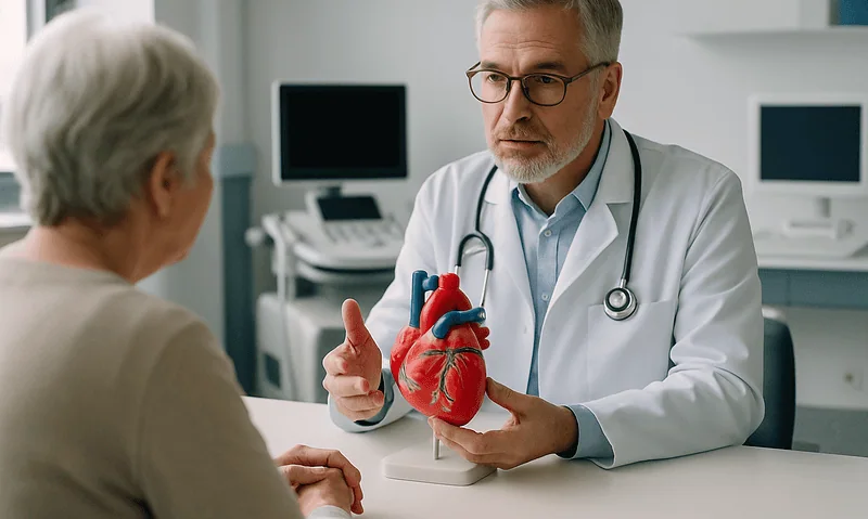 Cardiologist explaining heart anatomy to a patient in a medical consultation.