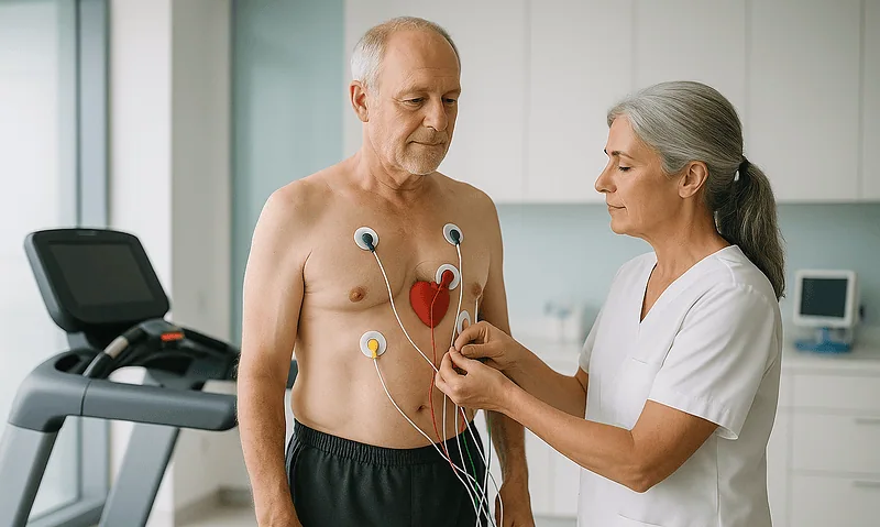 Cardiologist performs diagnostic test on elderly man for vascular health.