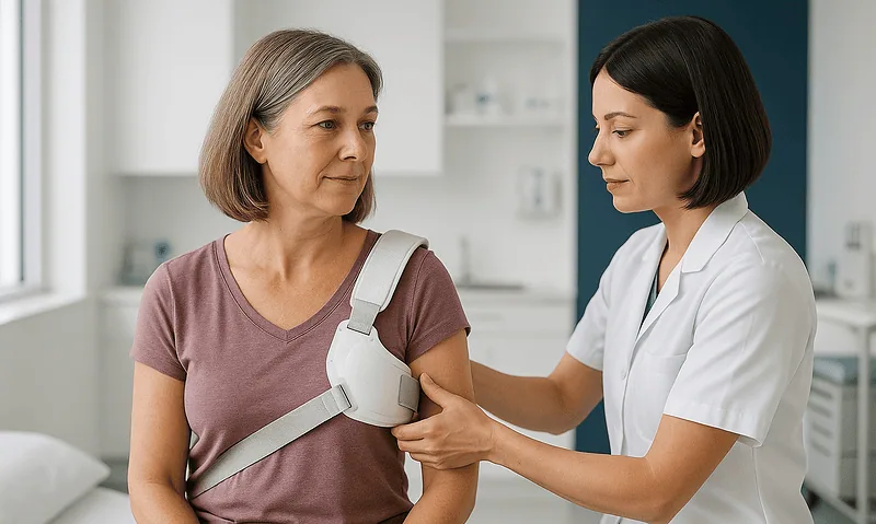 Doctor examining a woman's shoulder in a medical clinic setting.