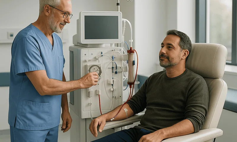 Doctor and patient during peritoneal dialysis treatment at Acibadem Hospital.