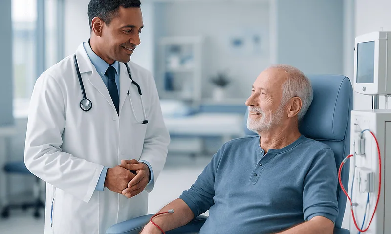 Doctor talking to an elderly patient in a hospital room.