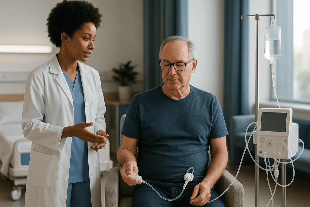 Doctor explaining dialysis treatment to male patient — Peritoneal dialysis vs hemodialysis: the side-by-side comparison