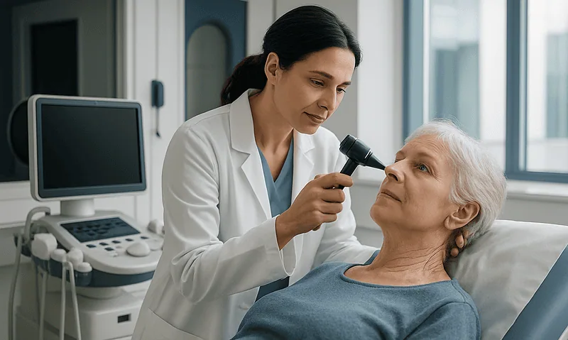 Doctor examining elderly woman's throat with an otoscope in a hospital room.