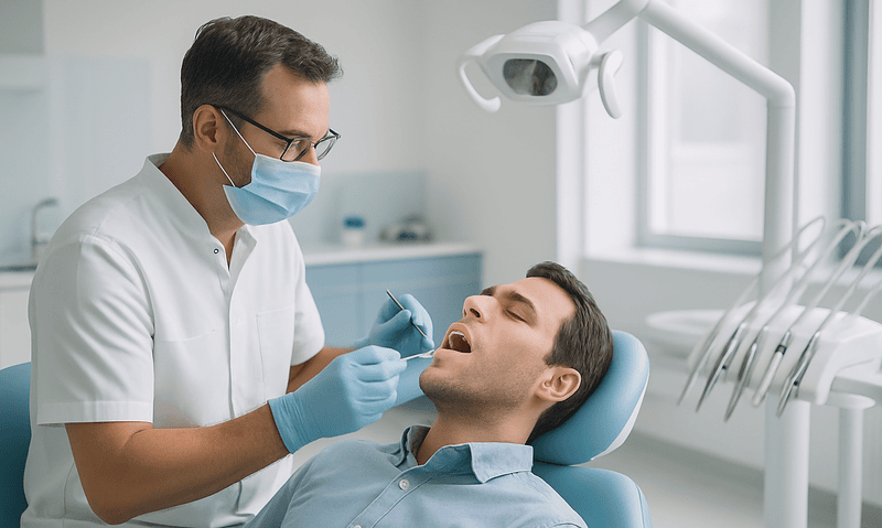 Dentist examining patient's teeth in a modern dental clinic.