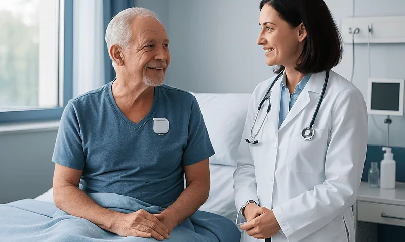 Doctor talking to senior male patient in hospital room.