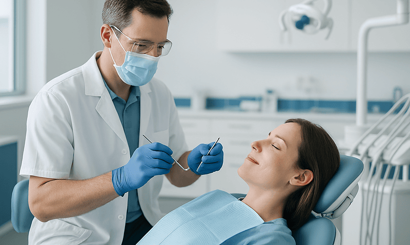 Dentist examining a patient with dental tools in a modern clinic.