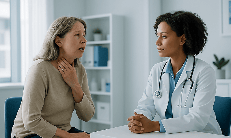 Doctor examining a woman with throat discomfort in a clinical setting.