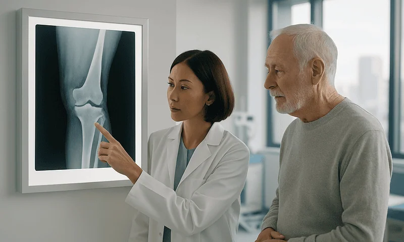 Doctor explaining knee X-ray to patient in hospital setting.