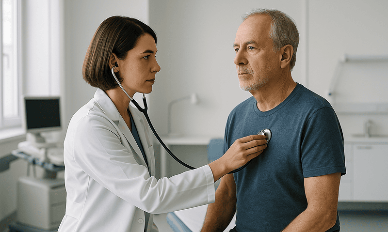 Doctor examining a patient with a stethoscope in a medical clinic setting.