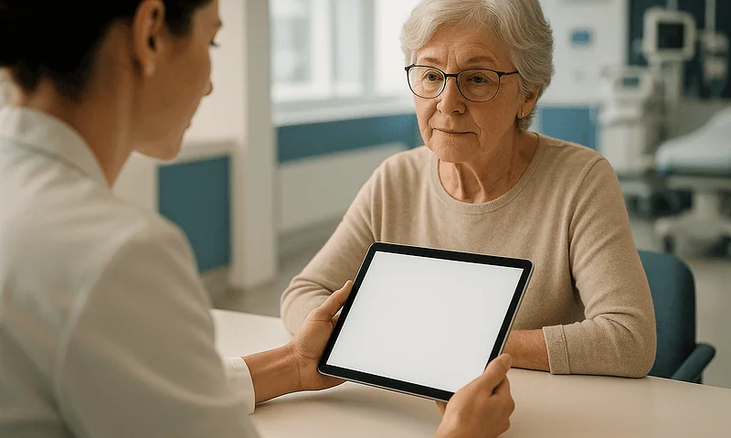 Doctor consulting with elderly patient using a tablet in a medical office.