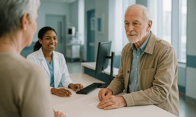 Doctor consulting elderly patient in a hospital setting in Turkey.