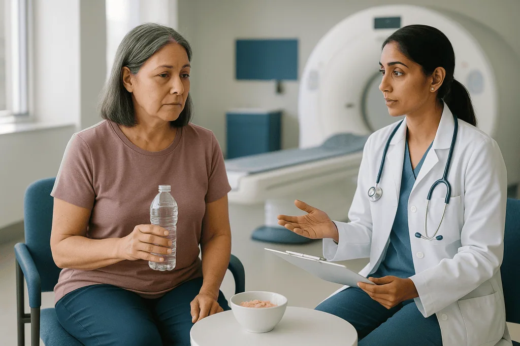 Doctor consulting patient in medical office setting: PET scan fasting rules: how long, and is water allowed?