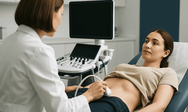 Doctor performing an ultrasound exam on a male patient in a hospital room.