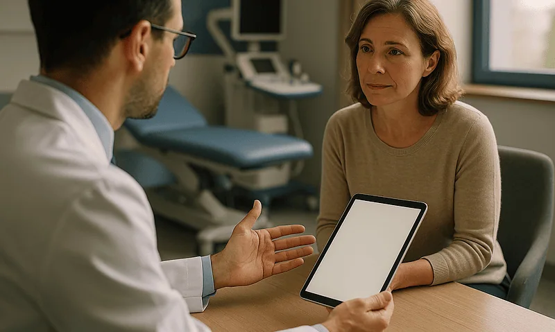 Doctor consulting with a patient in a medical office setting.