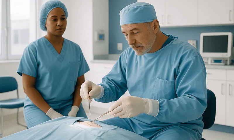 Urologist performing Peyronie's disease surgery with assistant in hospital.