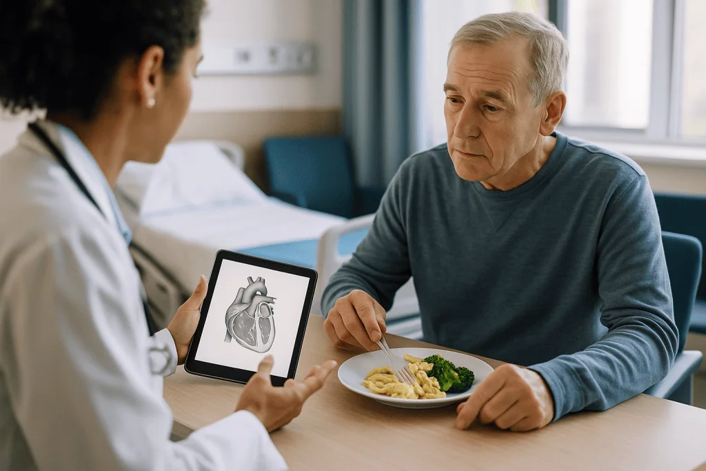 Doctor showing heart diagram to patient during meal consultation: PFO closure: who is a candidate after a stroke?