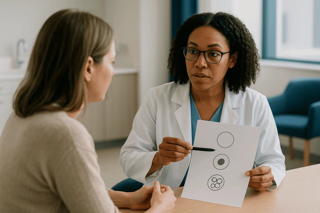 Doctor consulting patient with genetic testing diagram: PGT-A, PGT-M and PGT-SR: which test fits which situation