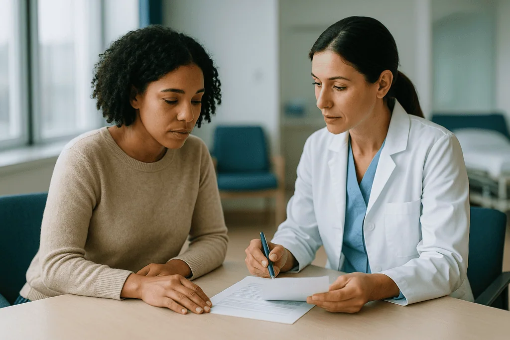 Doctor consulting with patient, reviewing medical documents: PGT results explained: how to read PGT test results on a PGT-A 
