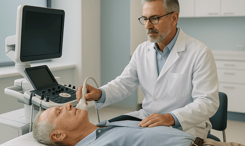 Doctor performing an ultrasound examination on an elderly male patient.
