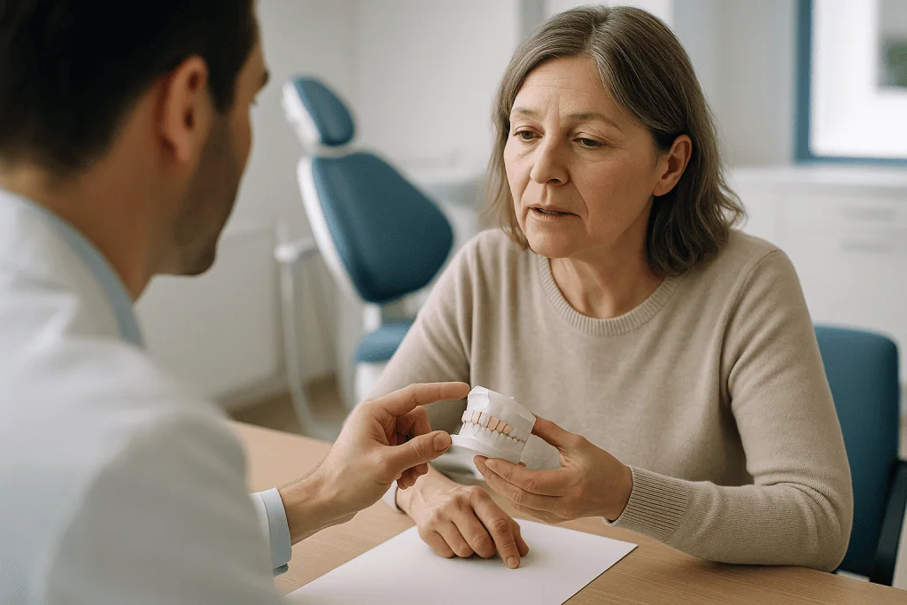 Dentist showing dental model to mature female patient: Phase 1: planning, scans and the mock-up, why the first weeks feel s