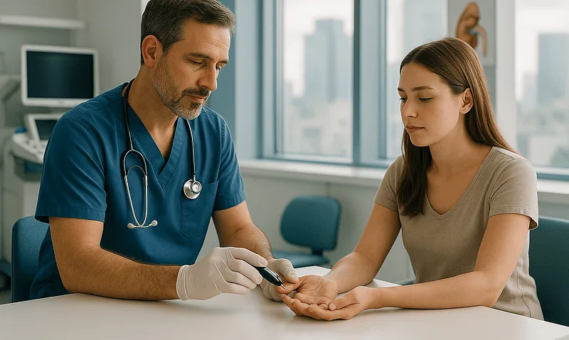 Doctor examining patient's hand in a hospital setting.