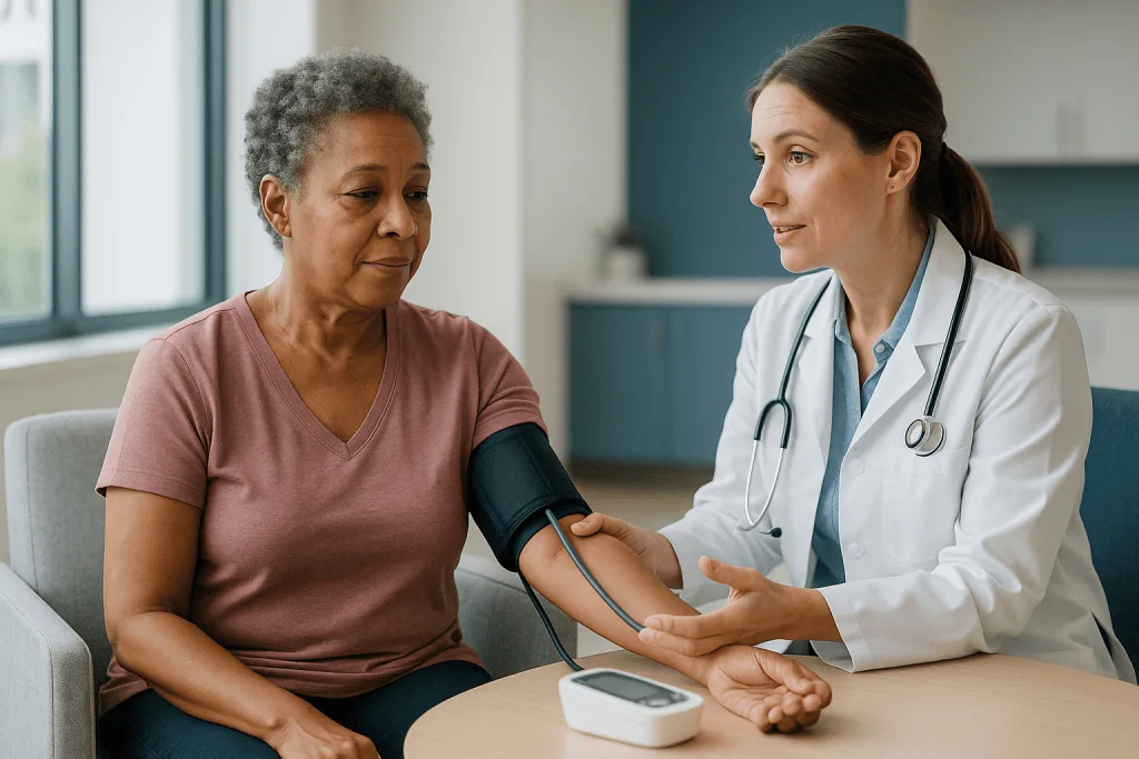 Doctor measuring patient blood pressure in clinical consultation: Pheochromocytoma surgery preparation: what actually happen