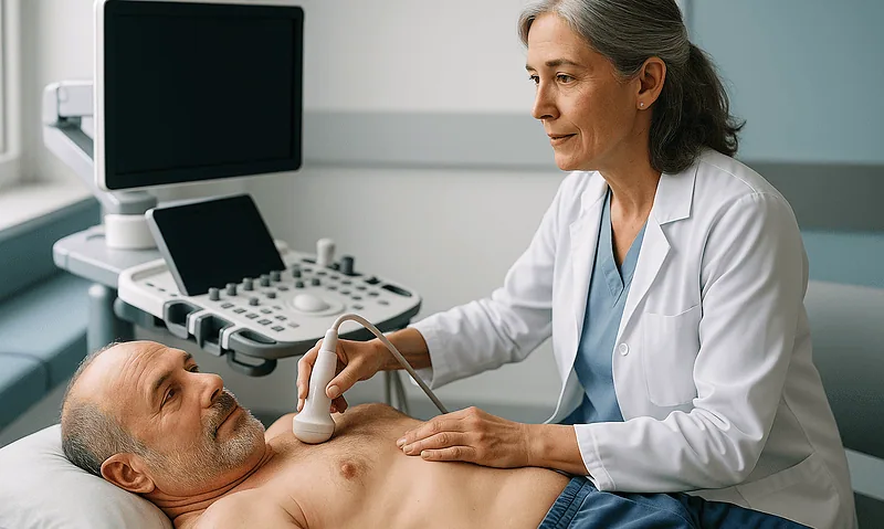 Doctor performing ultrasound examination on a male patient in a hospital setting.