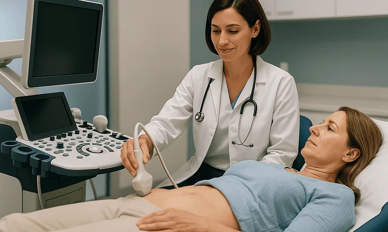 Doctor performing an ultrasound examination on a female patient in a hospital room.