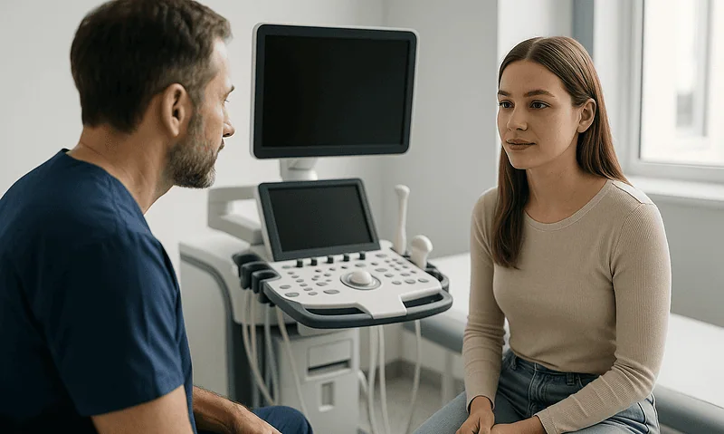 Doctor consulting with young woman in medical examination room.