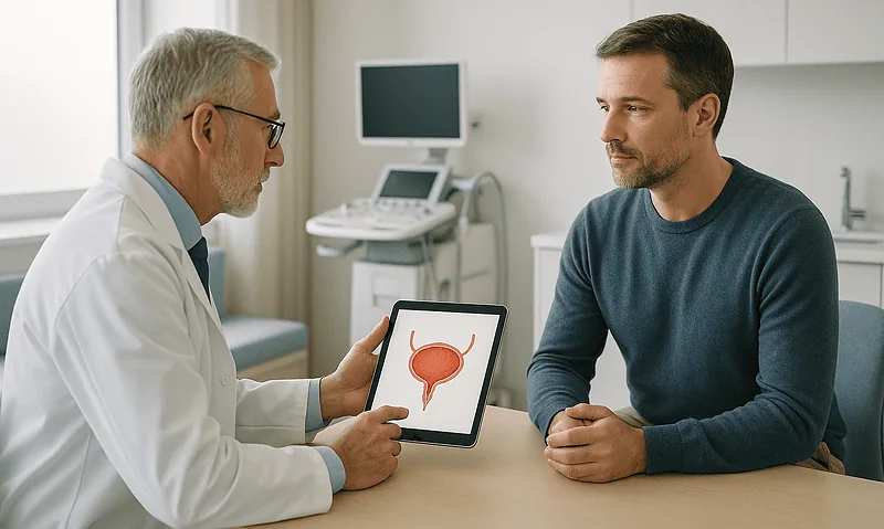 Urologist explaining bladder health to a patient with a tablet image.
