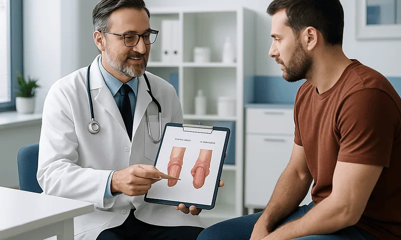 Urologist explains penile conditions to patient using digital diagram.