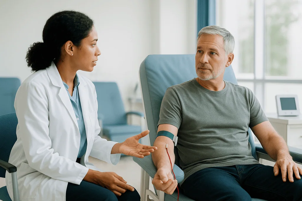 Doctor consulting with male patient in clinic: Phlebotomy vs therapeutic phlebotomy: what is the difference?