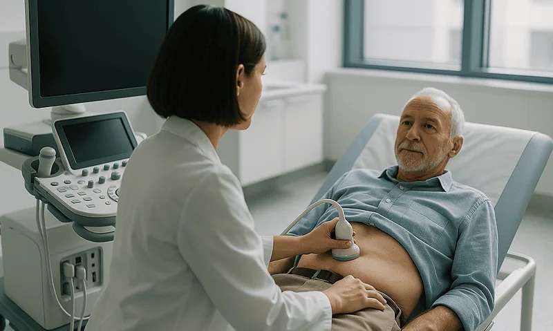 Doctor performing an ultrasound exam on an elderly male patient in a hospital room.
