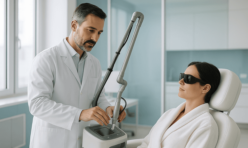 Doctor performing photorejuvenation treatment on a patient with laser device.