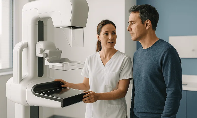 Medical professional explains mammogram procedure to a patient in a clinic.