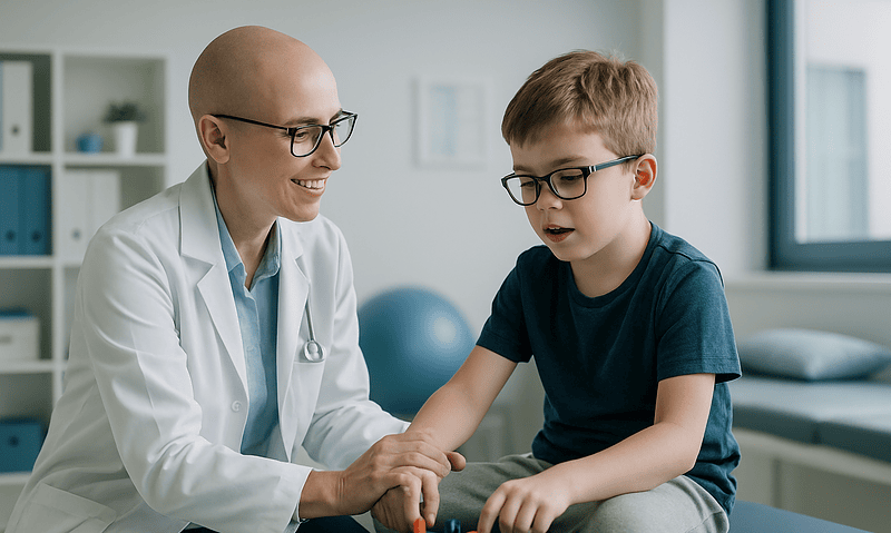 Child receiving therapy from a healthcare professional in a clinical setting.