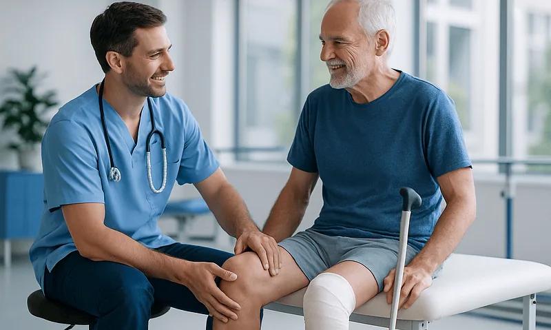 Physiotherapist assisting elderly man with knee rehabilitation exercises.