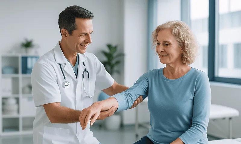 Doctor assisting an elderly woman with physical therapy exercises in a clinic.