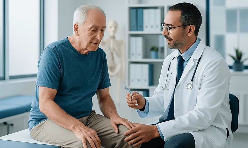 Doctor consulting with elderly patient in a medical office setting.