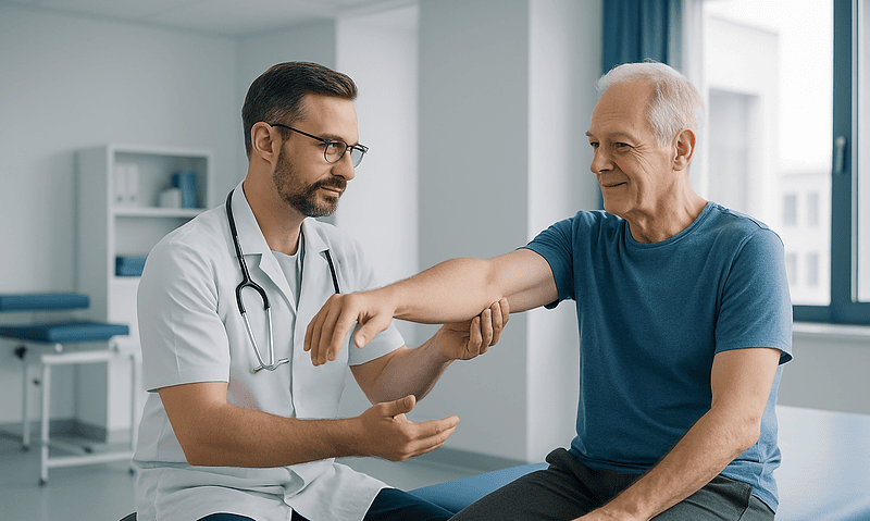 Doctor assisting elderly patient with physical therapy exercises in clinic.