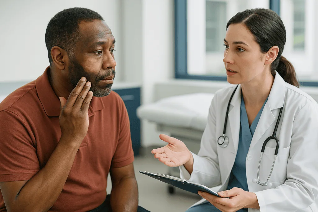 Doctor consulting with male patient in clinic office: Pigment changes after dermabrasion: darkening, lightening and the diff
