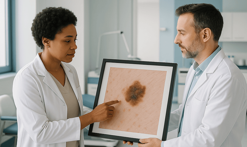 Doctors examining a skin mole on a computer screen in a medical clinic.