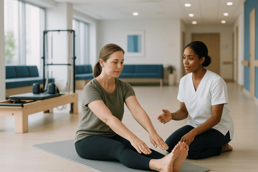 Physical therapist instructing patient in seated stretching exercise: Pilates vs yoga: same room, different goals