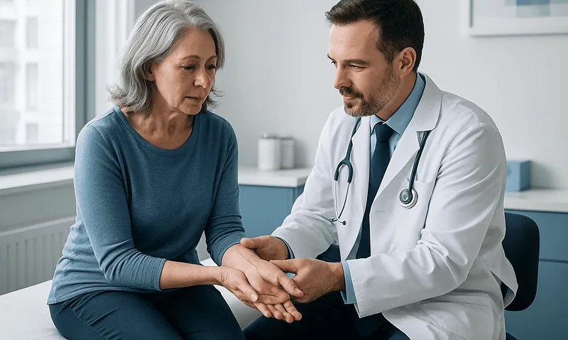 Doctor examining a patient's wrist in a medical consultation room.
