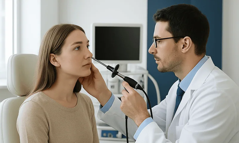 Doctor examines patient's nose with otoscope in clinic setting.