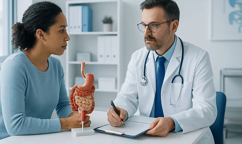 Doctor consulting with patient about digestive health with stomach model.
