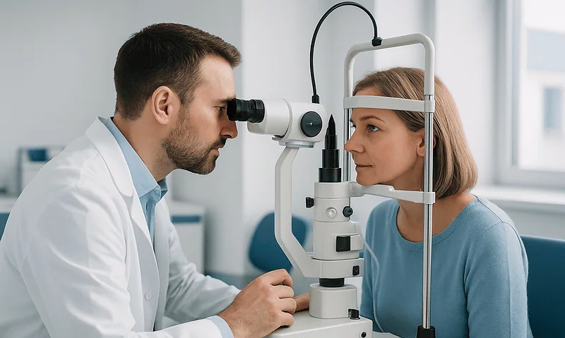 Ophthalmologist examining a woman's eye with a slit lamp in a clinic.